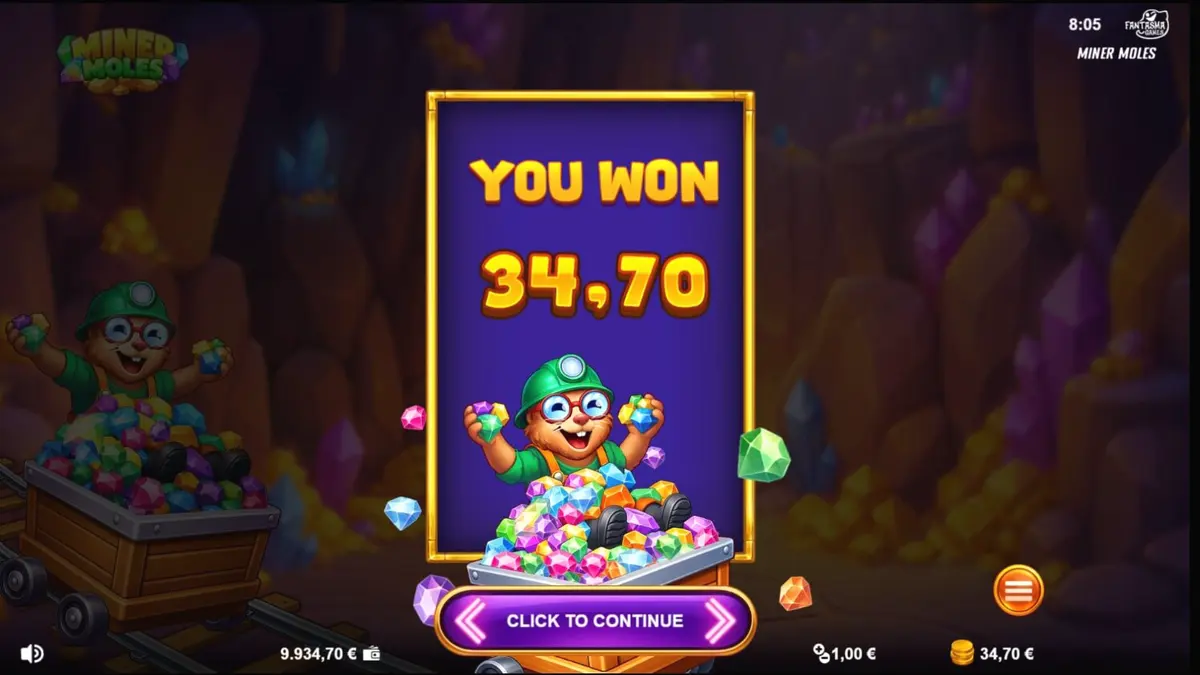 Giao diện trò chơi slot Miner Moles với các chú chuột chũi và đá quý